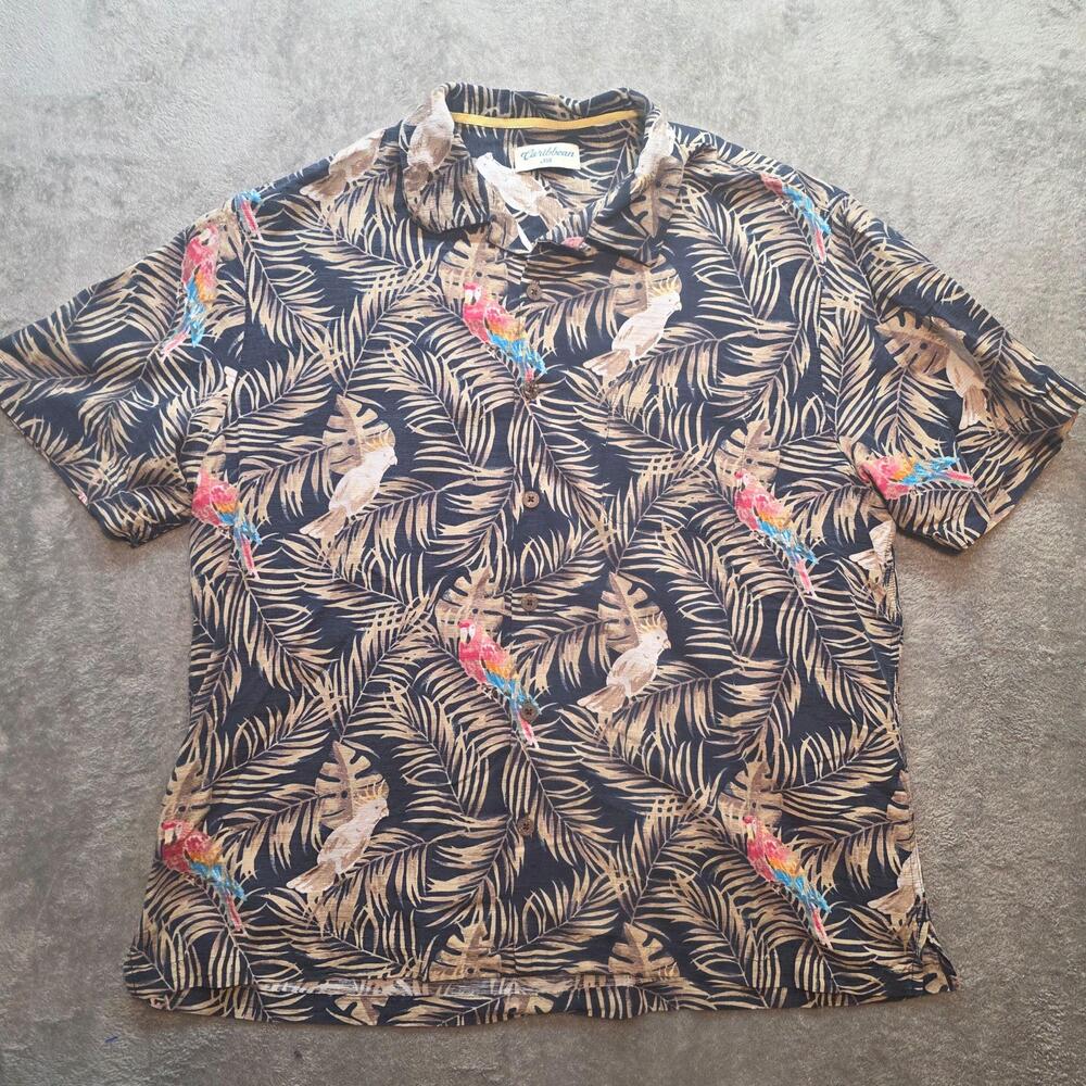 Caribbean Silk Button Up Shirt Mens L Multicolor Parrot Hawaiian Tropical Silk